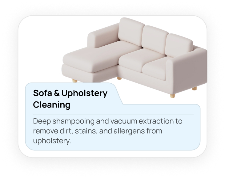 Deep shampooing and vacuum extraction to remove dirt, stains, and allergens from upholstery.