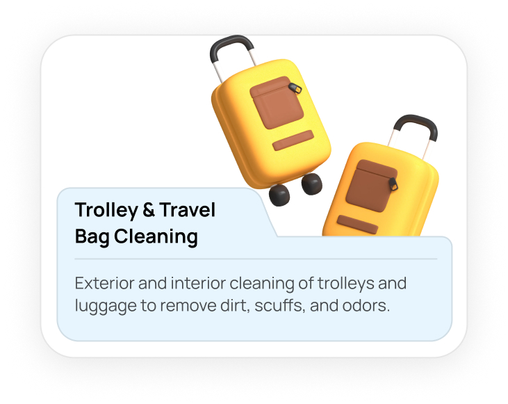 Exterior and interior cleaning of trolleys and luggage to remove dirt, scuffs, and odors.